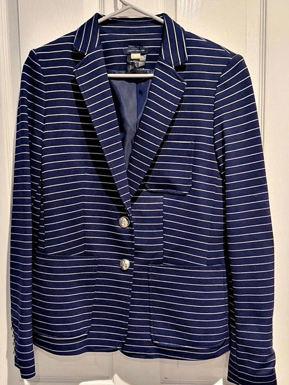Tommy Hilfiger Women’s Blazer Size 6 Navy White Stripe Nautical Crest Buttons